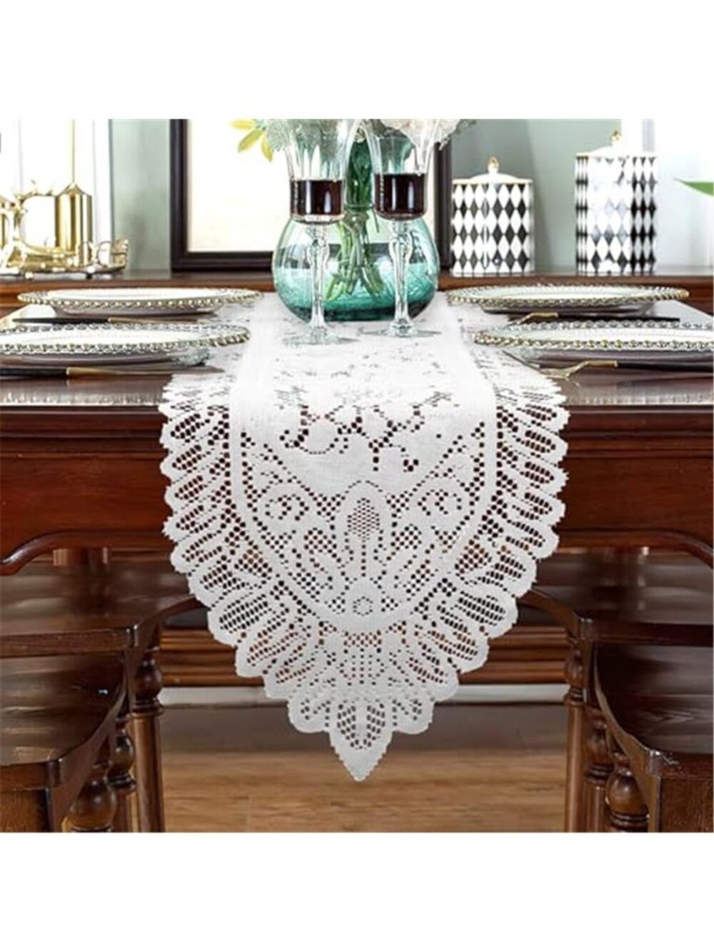 White Lace Table Runner 13x54 Floral Crochet Doily Farmhouse Dining Table Decor